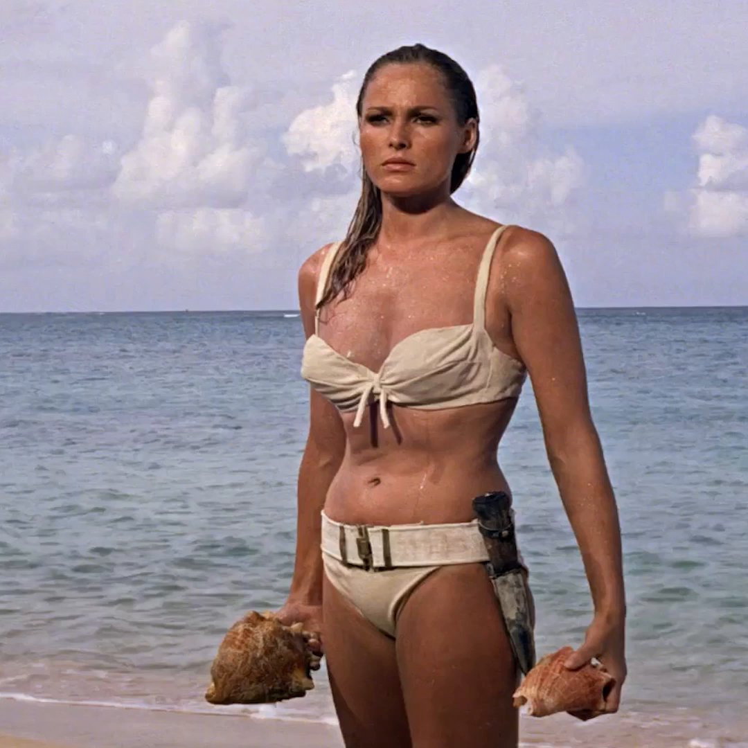 Ursula Andress’s famous white bikini entrance in DR NO. It was so iconic that she later said it “made” her career, earning her financial independence. And that swimsuit became one of cinema’s most legendary costumes.