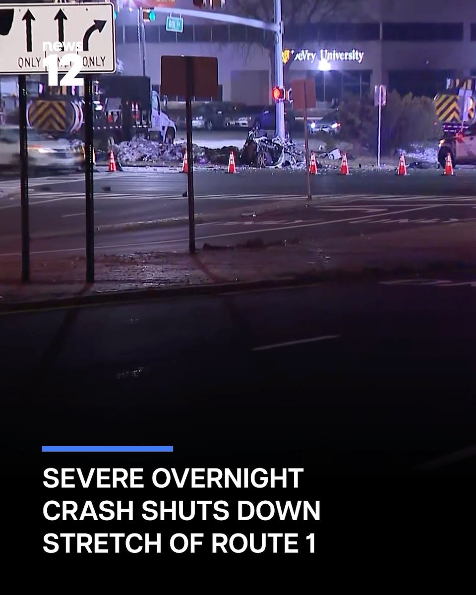TRAFFIC ALERT: A violent two‑car crash tore vehicles apart overnight and has shut down Route 1 south in Woodbridge at Green Street, with multiple detours in place. READ MORE: #News12NJ #Woodbridge