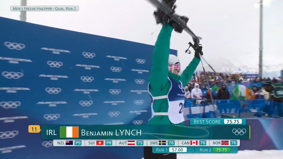 Ben Lynch becomes Ireland’s first skier to qualify for any Winter Olympics final ☘️ Needing a top 12 for the final, this second round 75.75 was enough for 11th place 👏 Final is 18:25 today, live on RTÉ Player 🎥