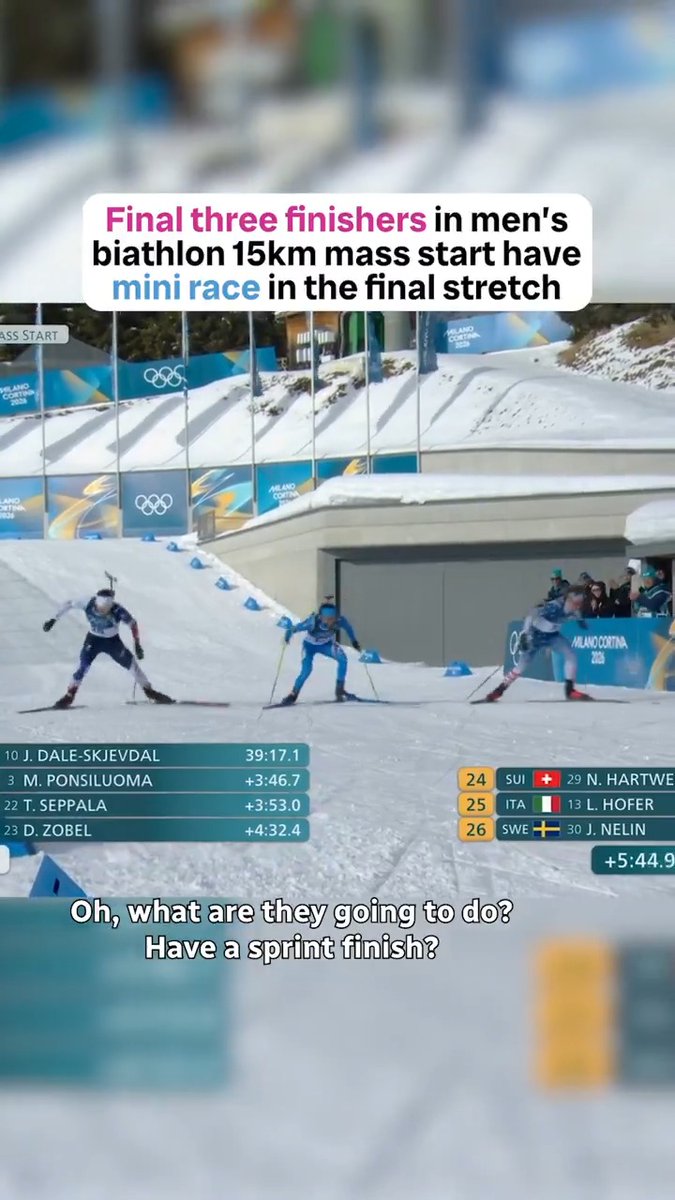 This is awesome😂 The final three finishers in the Men’s 15km Biathlon Mass Start waited for each other and then sprinted the last stretch together. Only at the Olympics do you get a race within a race for last place. #MilanoCortina2026