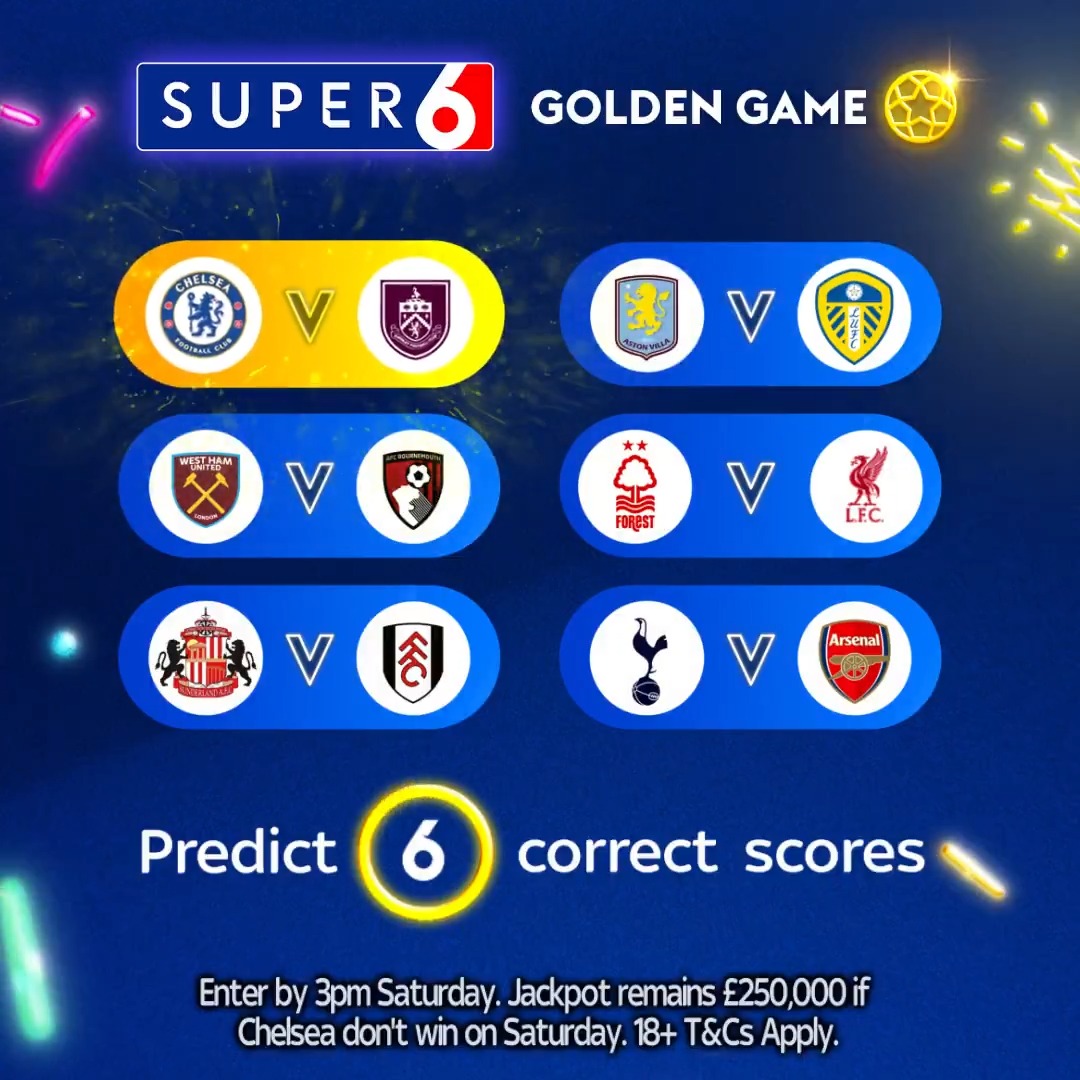 𝐒𝐔𝐏𝐄𝐑 𝟔 𝐆𝐎𝐋𝐃𝐄𝐍 𝐆𝐀𝐌𝐄 𝐖𝐖𝐖𝐖𝐃 A fifth win in six for Chelsea will double the Super 6 jackpot from £250,000 to £500,000 🤯 Head to the app or website to enter your six predictions by 3pm tomorrow! Wishing you the very best of luck 🤝