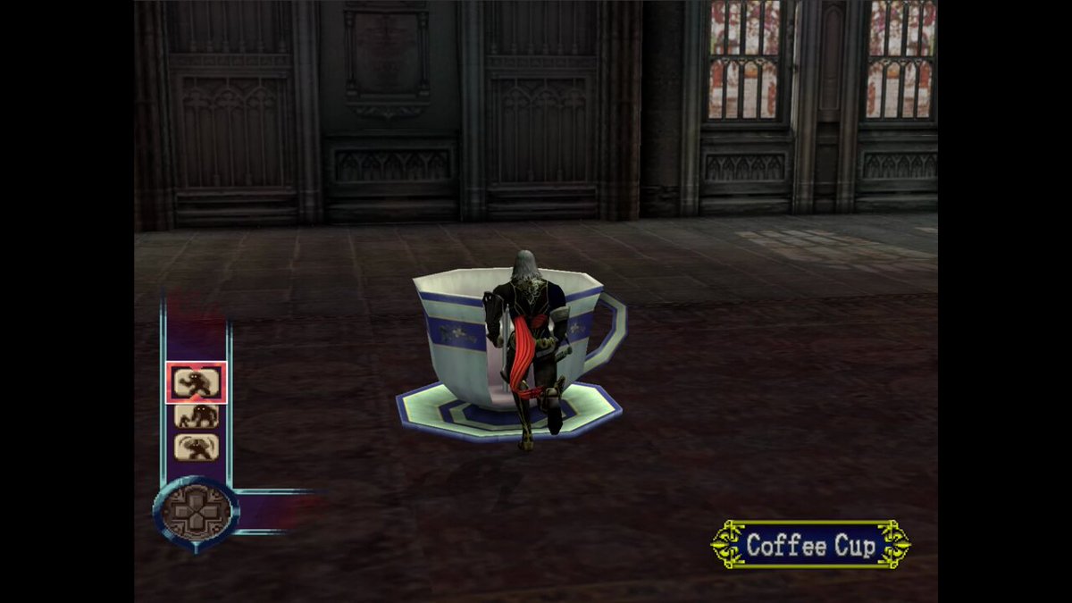 In Castlevania: Curse of Darkness, the main sidequest is sitting in chairs. Your goal is to sit in every chair in the game. Here is one of the chairs you can sit in