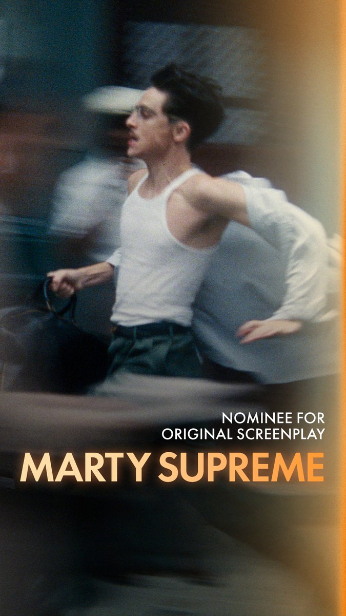 MARTY SUPREME, written by Ronald Bronstein and Josh Safdie. Nominated for Writing (Original Screenplay) at the 98th Oscars. Watch the #Oscars LIVE on Sunday, March 15th, at 7e/4p on ABC and Hulu. #OnlyAtTheOscars