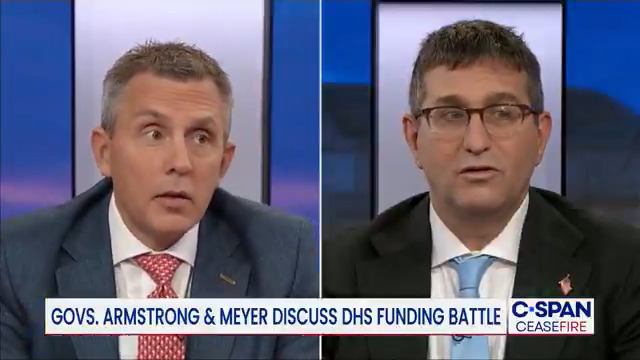 Ceasefire North Dakota Governor Kelly Armstrong (Governor Kelly Armstrong) &amp; Delaware Governor Matt Meyer (Governor Matt Meyer) on DHS Funding Battle. Greta Brawner hosts. Watch Ceasefire at 7pm ET on C-SPAN
