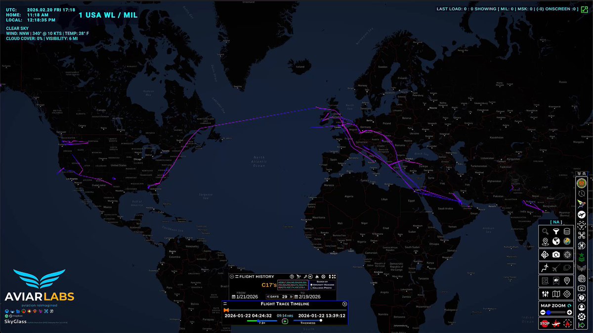 Animation of US Air Force C-17A Globemaster III flights from Jan 21-Today courtesy of SkyGlass by AVIAR Labs. 30 days of flights in ~30 seconds. *Note: Activity over India is due to some Indian Air Force C-17s still using the original USAF hex code.