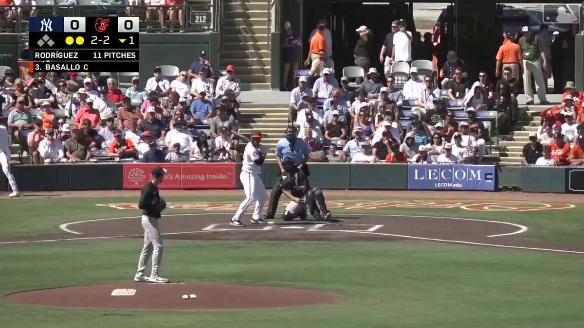 Elmer Rodríguez registers the first strikeout of Spring Training! MLB's No. 82 overall prospect (New York Yankees) strikes out No. 8 prospect Samuel Basallo to cap a 1-2-3 inning.