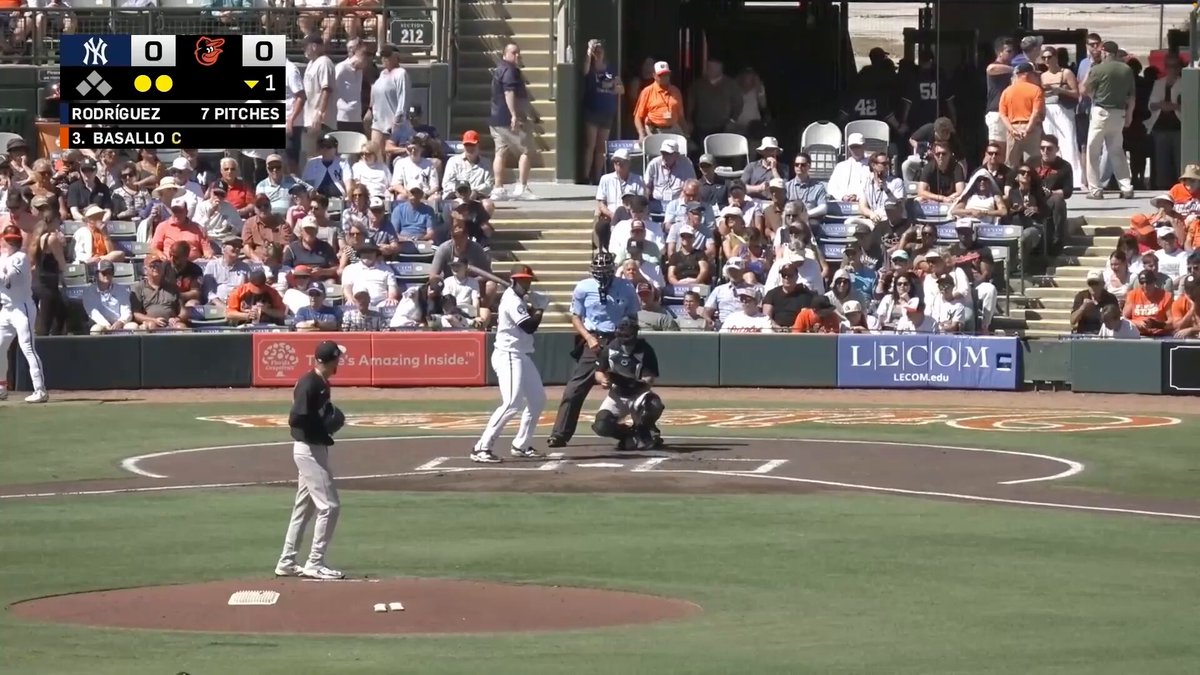 Yankees #3 prospect Elmer Rodriguez strikes out Orioles #1 prospect Samuel Basallo to complete a 1-2-3 first inning