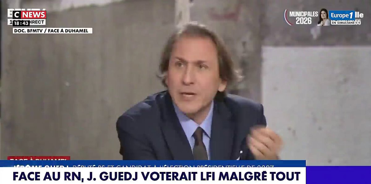 Réalisé sans trucages, voilà l'exemple parfait du politicien qui n'a aucune colonne vertébrale, capable de vendre son âme au diable juste pour un poste : Jérôme Guedj Hier : entre RN et LFI, je voterai LFI. le 14/06/25 : "je deviens le sioniste génocidaire pour Jean-Luc Mélenchon et les siens, pour la 1ère fois de ma vie, j'ai du dire de l'homme que j'ai aimé profondément qu'il est devenu un salopard antisémite, avec des propos qui sont pour nous absolument insupportable". Voilà, voilà😏