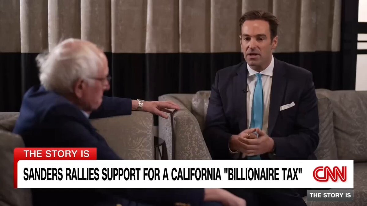 .Bernie Sanders wants Californians to pass a 5% tax on the wealth of billionaires. "If California can do it, this will be a message...to the world." He dismisses concerns when I press him on billionaires leaving the state & taking their tax revenue with them. He also responds to Gavin Newsom's opposition to this idea. Full interview via The Story Is:
