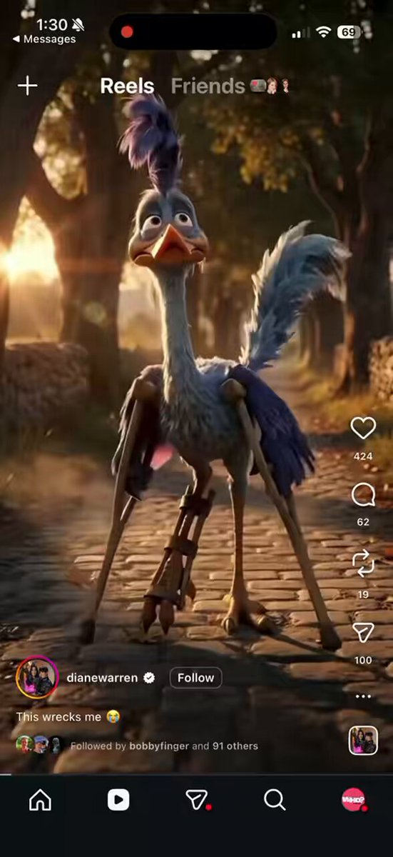 Here’s Diane Warren posting an AI video of Wile E. Coyote and the Roadrunner making amends and captioning it “this wrecks me”