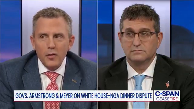 Ceasefire Gov. Governor Matt Meyer on WH-NGA dispute: "I'm not going...It's shameful...he refuses to invite the only Black governor in the U.S. to his house for dinner for no apparent reason, it's truly disrespectful." Governor Kelly Armstrong: "When we get invited to the White House we go."