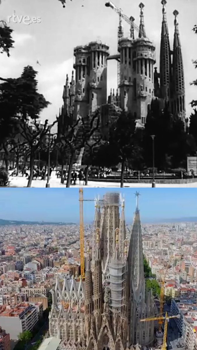 Les obres de la Sagrada Família amb mig segle de diferència. Comparativa dels anys '70 amb l'actualitat.