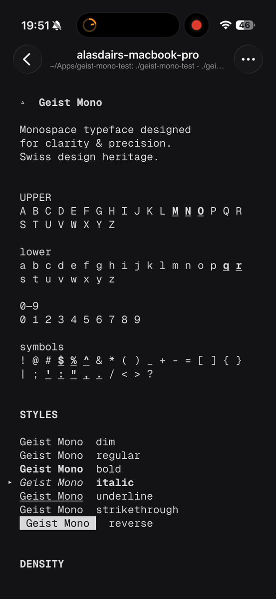 Geist Mono really shines on the iPhone and at small sizes in a terminal.
