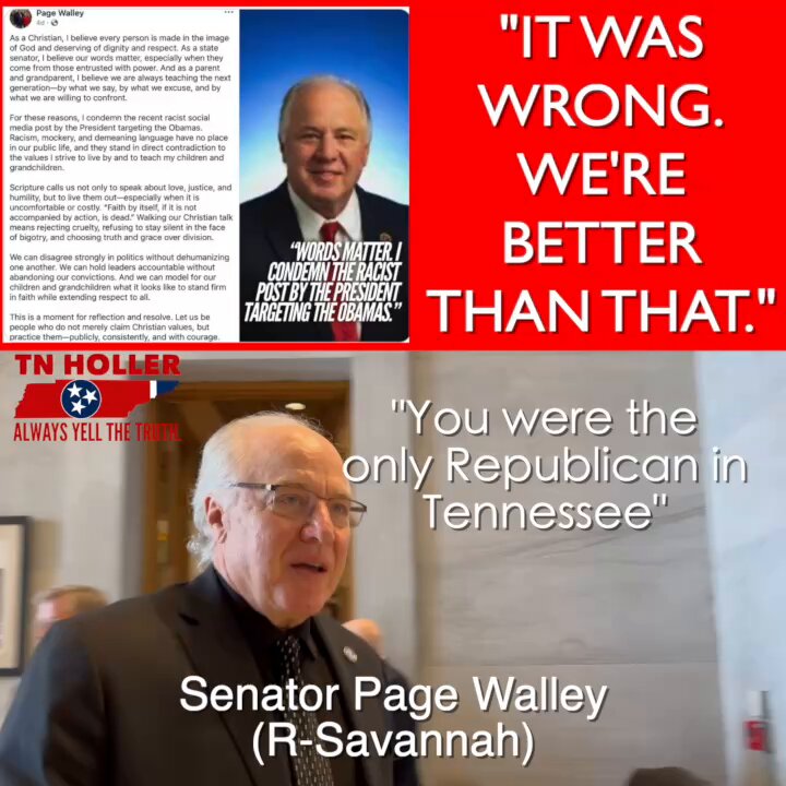 WATCH: “It was wrong. We’re better than that.” Senator Page Walley (R-Savannah), the only elected Republican in Tennessee who condemned Trump’s racist apes post about the Obamas, explains why he felt moved to speak out.