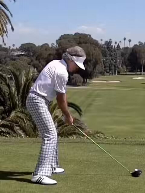 Mac O’Grady 1st tee, Riviera Elite swing, ball flight, slacks and visor