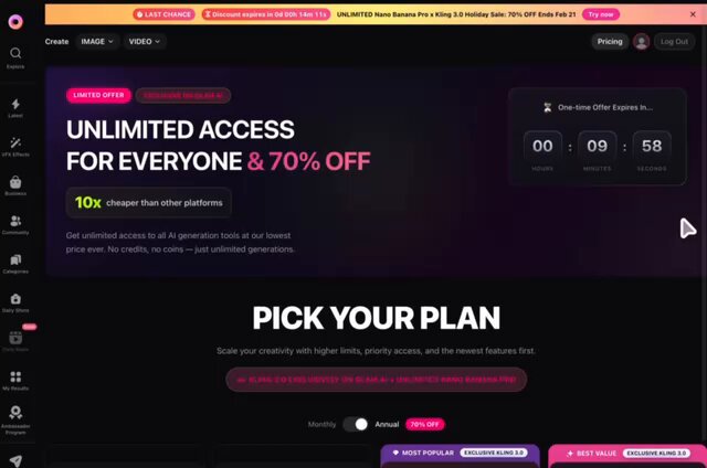 Still on Higgsfield? See how unlimited access changes the game. Why pay $30–50/month for separate AI tools… when GlamAI just launched: 🚀 UNLIMITED ACCESS FOR EVERYONE — 70% OFF (Limited Time) Up to 10x cheaper than comparable AI stacks. Here’s what you get: ✅ Unlimited access ✅ All models included ✅ No pay-per-tool ✅ No hidden upgrades ✅ Full feature access Inside the platform: • Nano Banana Pro 2K • Seedream 4.5 4K • Kling 3.0 • + unrestricted model access