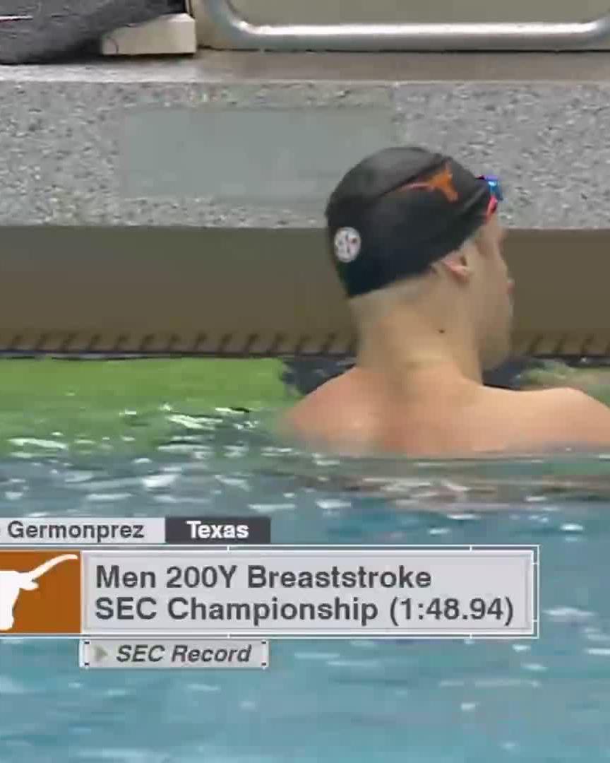 A NEW SEC STANDARD. 🤘 Nate Germonprez with a time of 1:48.94 in the 200 Breaststroke 😤 Texas Men's Swimming & Diving x #SECChampionship