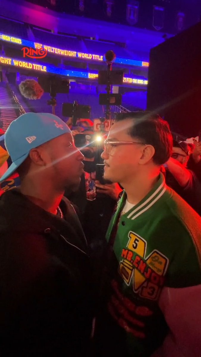 Ring ambassador Bruce 'Shu Shu' Carrington facing off with Brandon Figueroa at the Barrios vs Garcia weigh-ins 👀 Who do you have winning if this fight gets made? 🤔