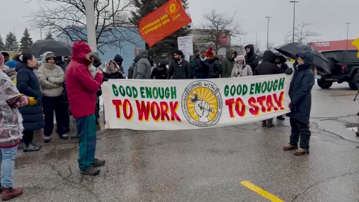 Protesters in Brampton with the "United Immigrant Workers Front" demanded permanent residency for over 2 million temporary migrants on expiring visas. They were joined by members of CUPE Ontario and the Marxist Leninist Party of Canada.