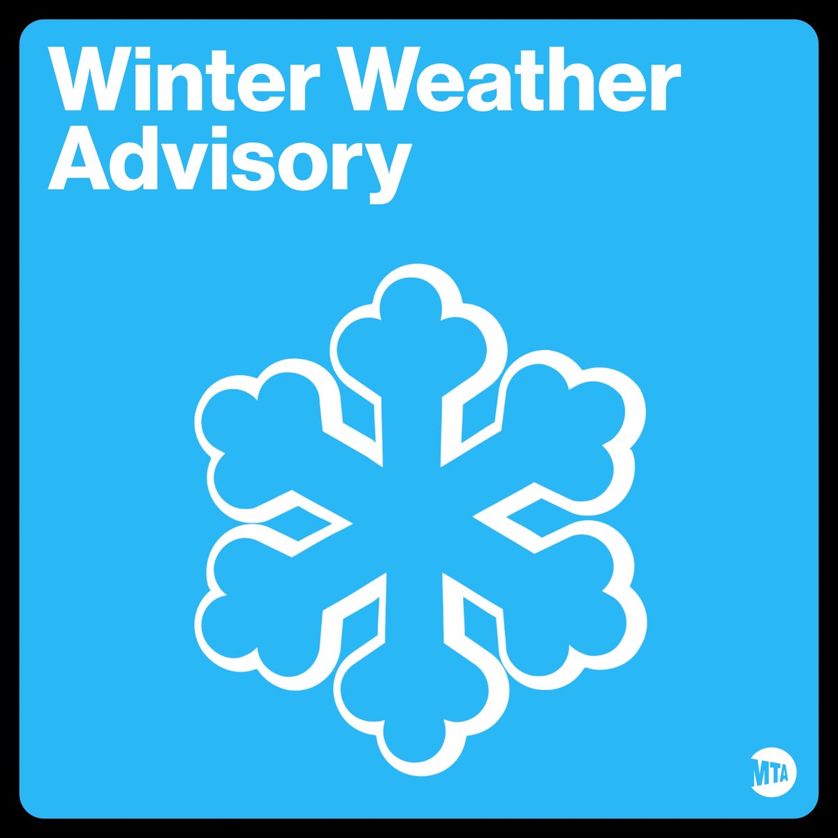 A winter storm is expected in our area tomorrow into Monday. Our crews are ready to respond, but there may be changes to subway, rail, and bus service. Please plan ahead; for the latest service information, you have a few options: · Visit · Check the MTA or TrainTime app · Sign up for real-time service alerts at Stay safe this weekend!