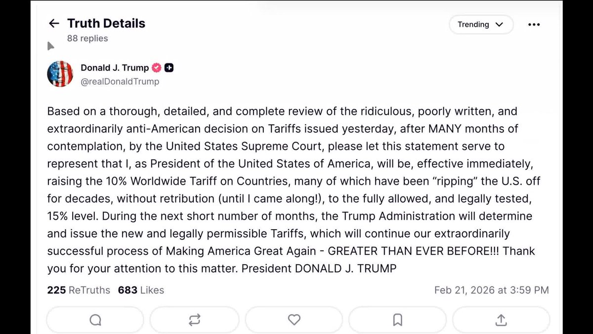 BREAKING: President Trump has announced he will raise global tariffs from 10% to 15% on countries "many of which", he claims, have been "ripping off the US for decades". 📺 Sky 501, Virgin 602, Freeview 233 and YouTube
