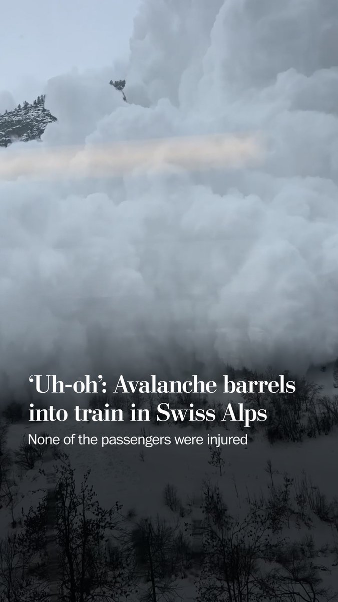 A passenger captured the moment an avalanche roared down a mountainside and slammed into a train near Zermatt, Switzerland, on Feb. 17. In video filmed by Kirsten Osborne, an Australian living in the United Kingdom, a child can be heard saying, “Uh-oh!” as snow engulfed the train. Osborne said passengers were stranded for about two hours before being evacuated by bus. Matterhorn Gotthard Bahn, the rail company that operates the route, said no one was injured but suspended service for the rest of the day because of elevated avalanche risk.