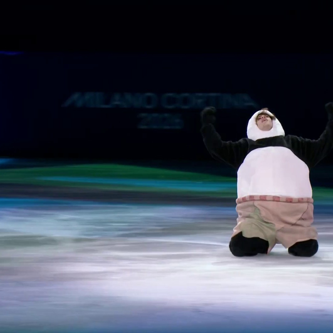 The Olympic champion giving us what we want... Mikhail Shaidorov delivers a figure skating routine to 'Hit Me Baby One More Time' while wearing a panda suit 🐼😅