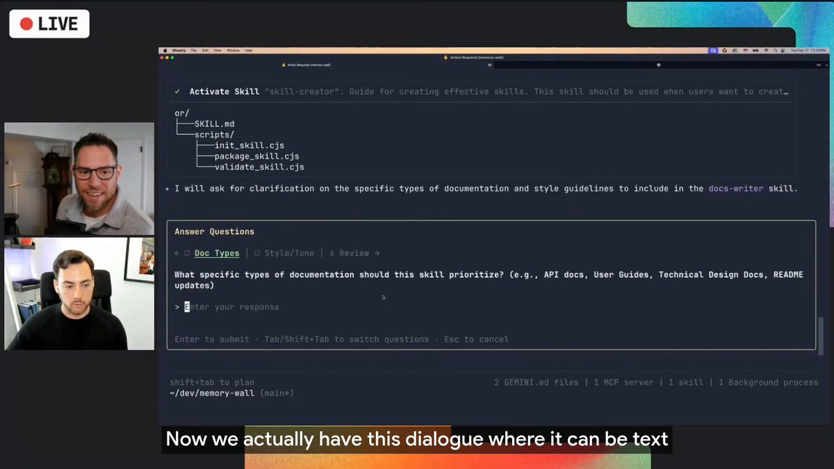 Gemini CLI can now stop and ask for clarification using interactive dialogues, multiple-choice, and yes/no questions before it builds. See the brand-new Ask Me feature in action on this week’s livestream →