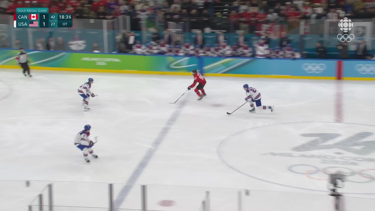 This is what 3on3 OT is. If Cale Makar pokes that puck when he pinches at the blue line that probably gets to McDavid &amp; he's in alone. Instead it goes the other way and it's over. It wasn't a mistake by Cale - It's just how 3on3 goes. #MilanoCortina2026