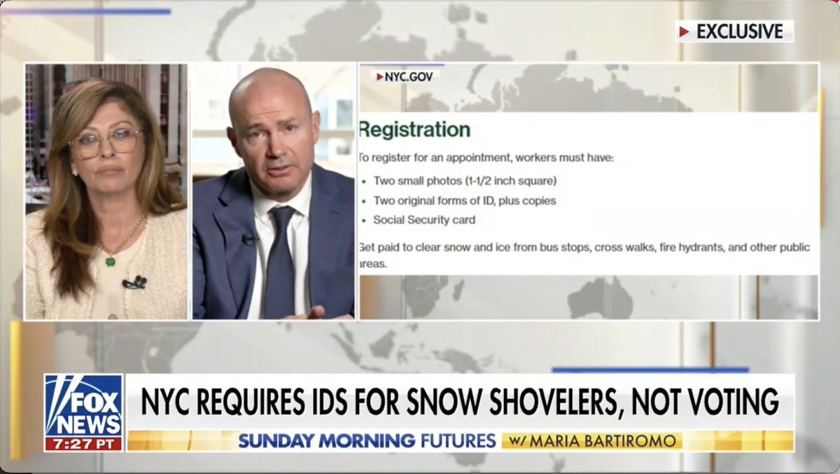 You need multiple forms of ID to shovel snow in NYC. But establishing citizenship to vote is “Jim Crow 2.0”? Absurd.
