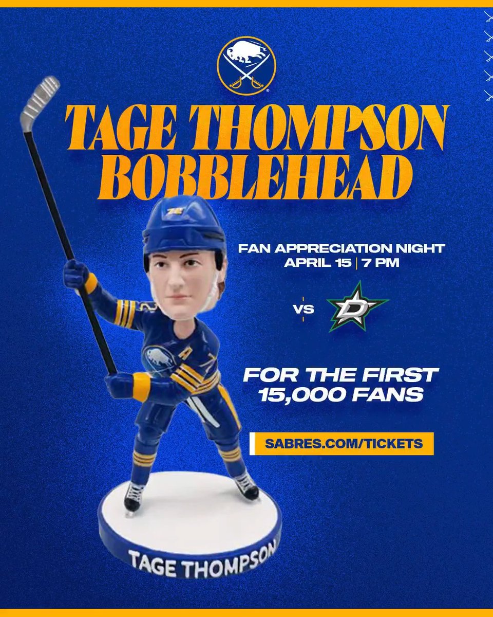 TAGE. Goal scorer. Olympic gold medalist. 2026 Sabres Fan Appreciation bobblehead. The first 15k fans on April 15 will take home a Tage Thompson bobblehead →