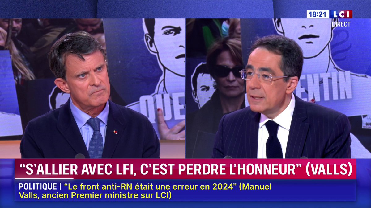 🔴🗣️ Au second tour de la présidentielle, "je vote blanc, je ne voterai ni pour Bardella ni pour Mélenchon (...) L'un et l'autre se nourrit et, surtout, Jean-Luc Mélenchon est l'idiot utile, c'est celui qui fait gagner l'extrême droite" : Manuel Valls à Darius Rochebin sur LCI
