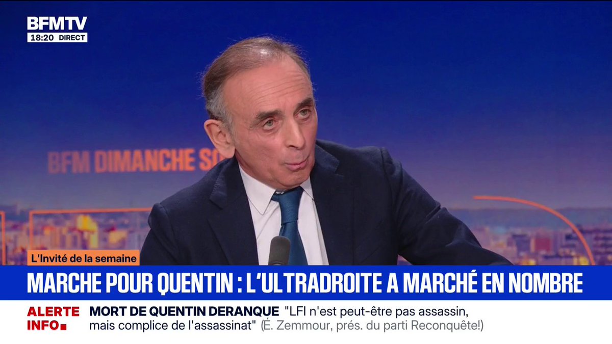 Éric Zemmour sur le traitement par les médias de la marche pour Quentin : "Sur des milliers de personnes, vous mettez le projecteur sur trois saluts nazis et des injures… ce sont vos méthodes habituelles. On était loin des scènes après Nahel ou du PSG"