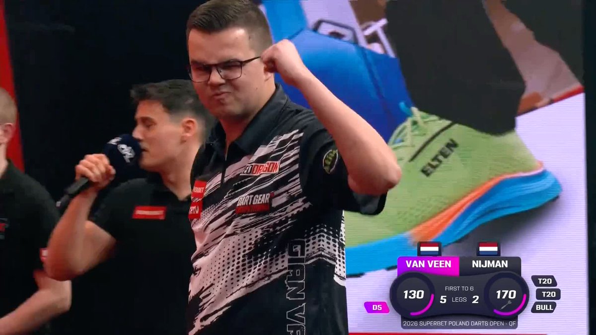 BLISTERING DARTS FROM VAN VEEN 😮💨 The Dutch number one strutting his stuff in Krakow 💥 Gian van Veen takes out a fantastic 130 checkout to cap off an incredible 6-2 win over Wessel Nijman - recording a 107.5 average 🔥 📺 #ET1