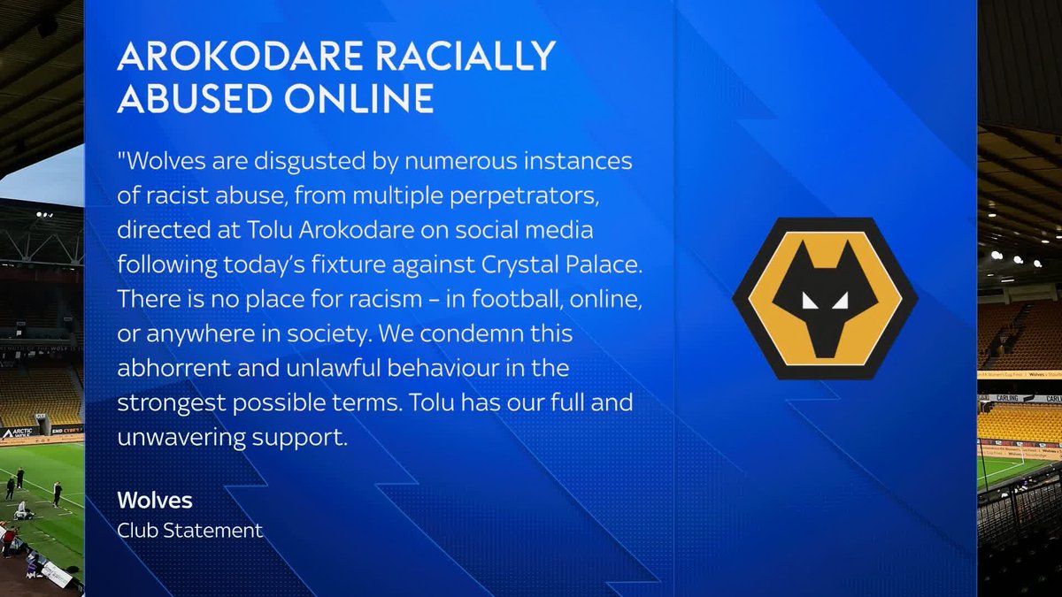Wolves have condemned offensive social media posts directed towards their striker Tolu Arokodare after their defeat to Crystal Palace today.