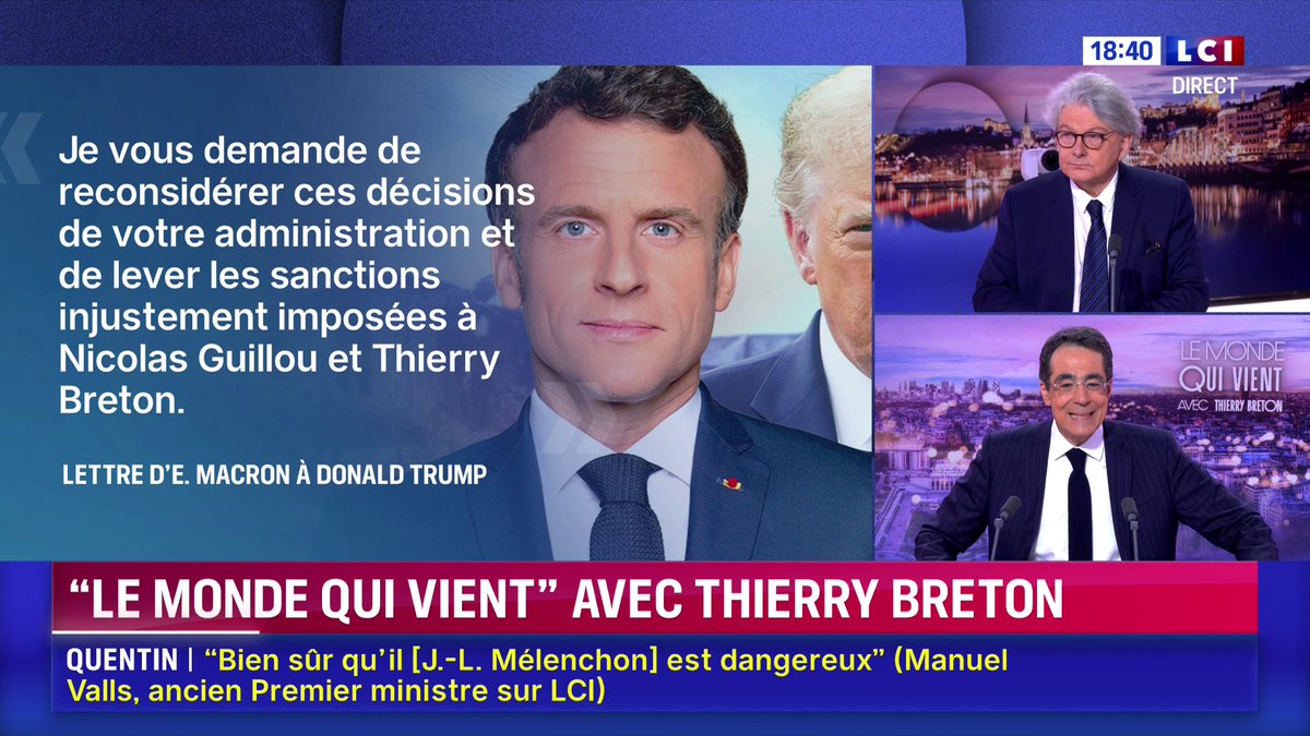 🔴 Emmanuel Macron a écrit à Donald Trump pour lui demander de lever les sanctions contre deux Français, dont Thierry Breton 🗣️ "J'ai été sanctionné, ce n'est pas acceptable (...) J'ai toujours envie d'aller aux États-Unis" : Thierry Breton à Darius Rochebin sur LCI