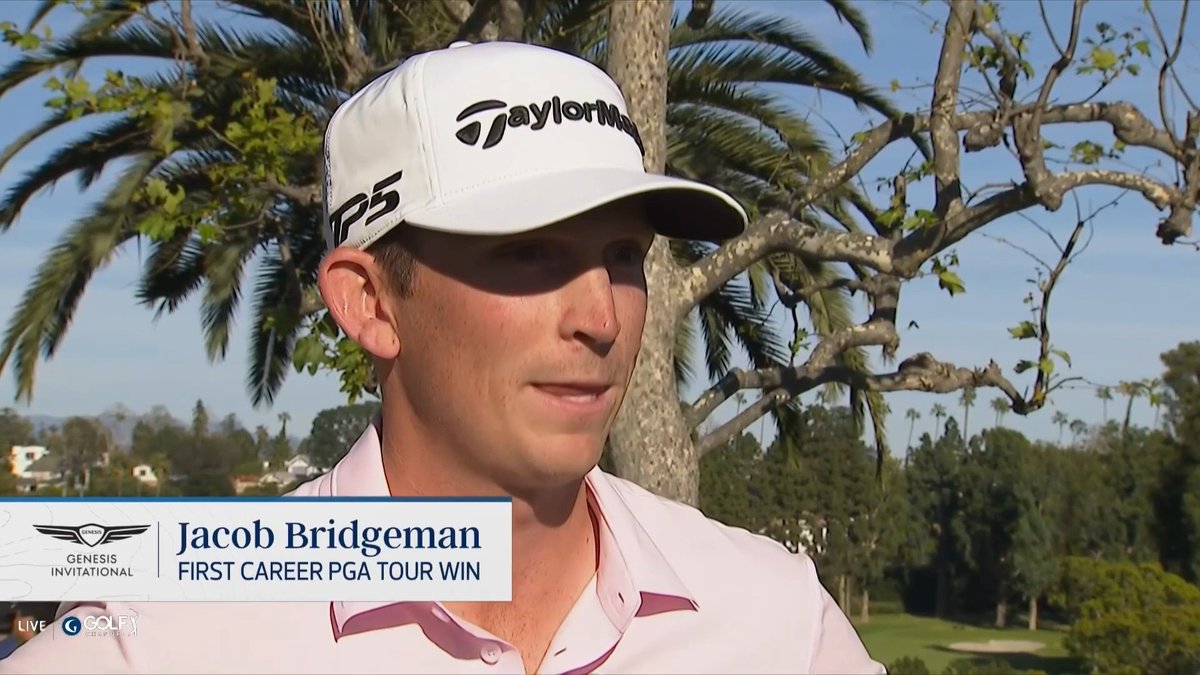 🚨🥹🏆 #EMOTIONAL MOMENT — Jacob Bridgeman was in tears speaking to Todd Lewis after his win at the Genesis Invitational: “I always thought I would do it and kinda expected to do it, but until it happened I didn’t think it was real.. I’m really proud.”