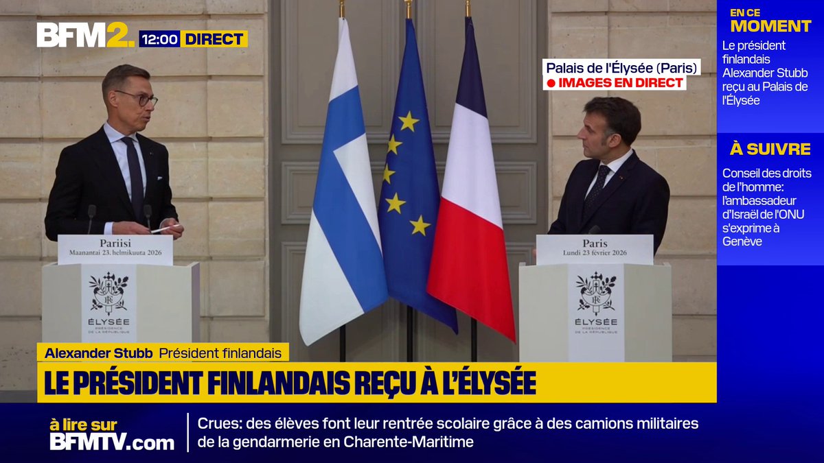 "Poutine ne gagne pas cette guerre, mais il ne peut pas faire la paix. (...) Pour lui, c'est un échec stratégique", estime le président finlandais, Alexander Stubb reçu à l'Élysée #BFM2