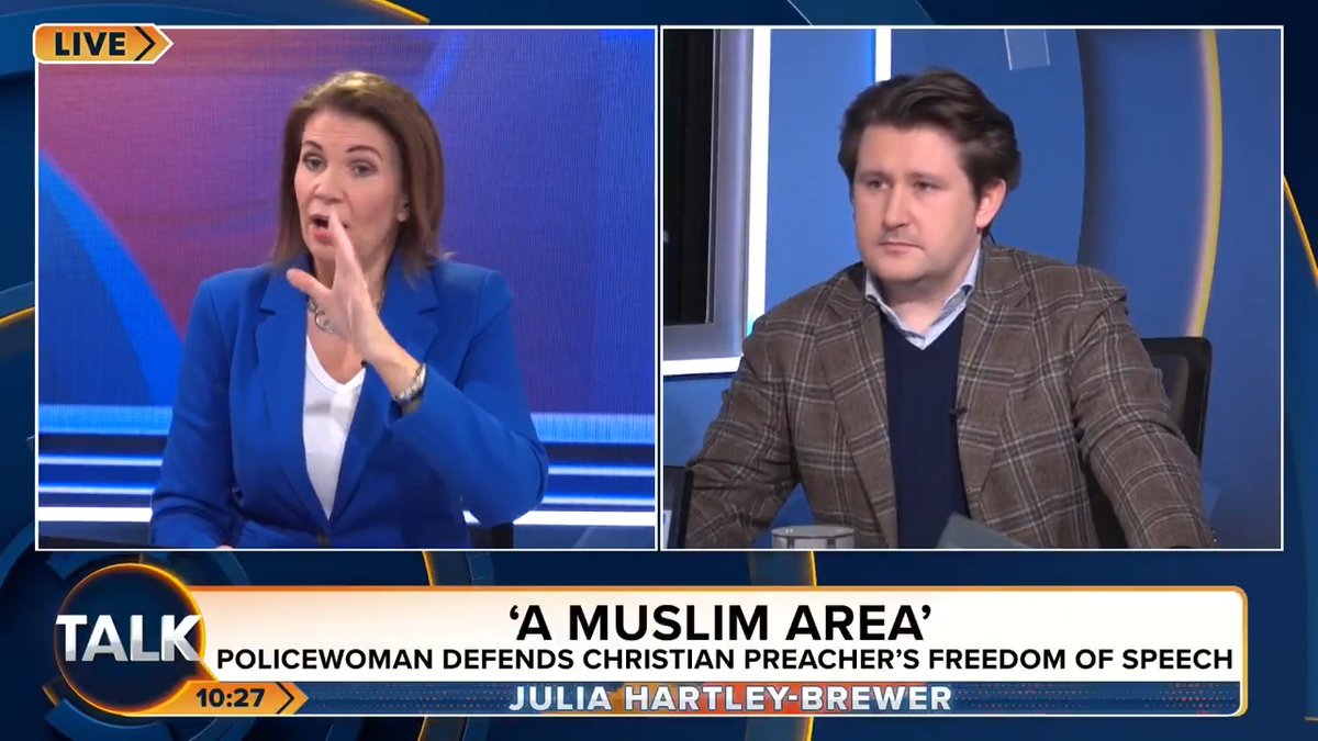 "One of the men says, "this is a muslim area" No mate, this is Britain!" Julia Hartley-Brewer says it's the "first time in years" she has seen a police officer stand up for free speech This Police Officer deserves recognition and credit, makes a change.