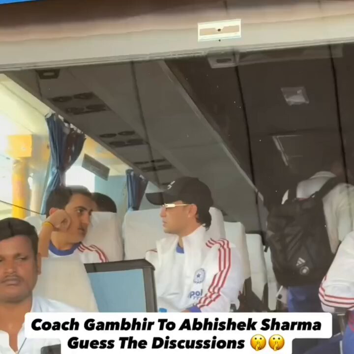 🚨Gautam Gambhir having a serious discussion with Abhishek Sharma on the team bus after arriving in Chennai for the next match against Zimbabwe. Guess what they are discussing.👀