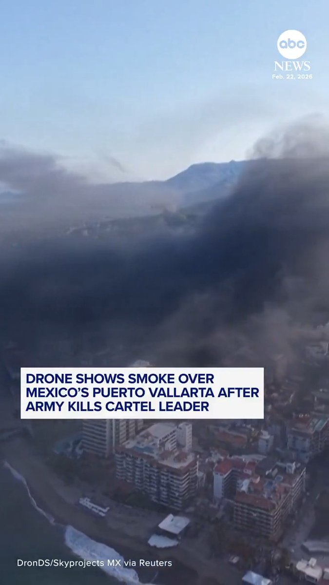 Aerial footage captured plumes of smoke blanketing the resort city of Puerto Vallarta, Mexico, as widespread violence erupted after a cartel boss was killed in a military raid. Read more: