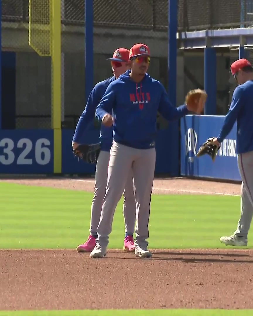 Pregame work at first base for Mark Vientos, Ryan Clifford and Jared Young