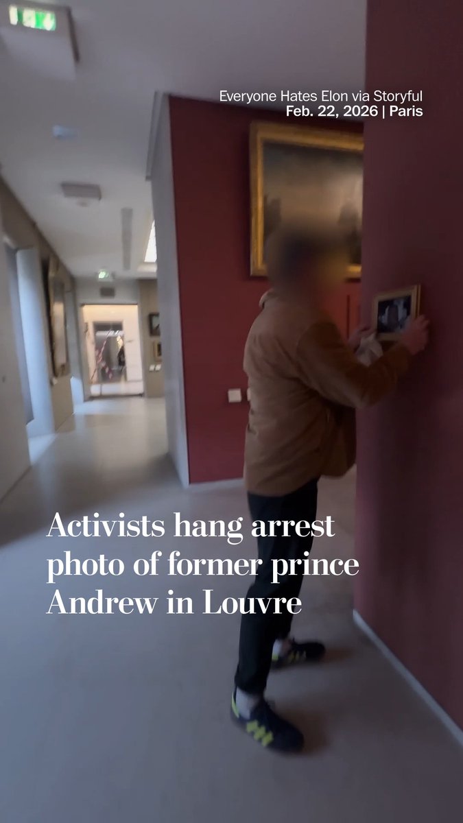 Andrew Mountbatten-Windsor, the younger brother of King Charles III, was arrested on Feb. 19 on suspicion of committing misconduct in public office, months after being stripped of his titles and forced out of his longtime residence over ties to sex offender Jeffrey Epstein. On Feb. 22, the group “Everyone Hates Elon” posted footage on social media of an activist, whose face it blurred, hanging up an image of the former prince post-arrest, with the title, "He's Sweating Now." In their social media post, the group wrote, "They say "hang it in the Louvre". So we did."
