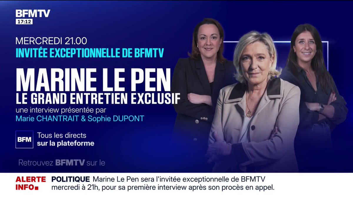 Marine Le Pen sera l'invitée de BFMTV ce mercredi, à 21h, pour son premier entretien après le procès en appel du Rassemblement national