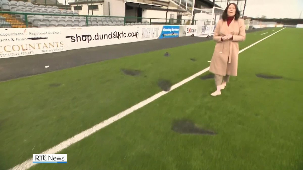The Minister for Sport Patrick O'Donovan has paused funding for astroturf pitches for LOI clubs after the Oriel Park surface was damaged by flares thrown from the away end in Friday's Dundalk-Drogheda match Laura Hogan reports from Dundalk