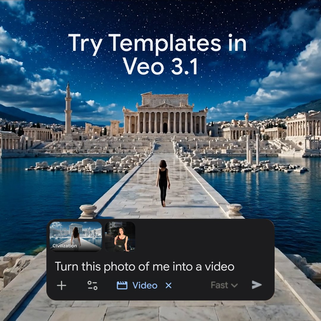 New templates for Veo 3.1 in the Gemini app are rolling out today. To give them a try, go to or open the app, select “Create videos” in the tools menu, and pick a template from the gallery. Then make it your own with a reference photo and/or description.