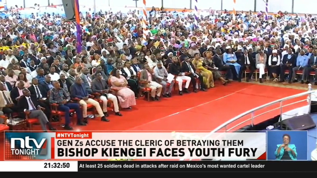 Bishop Kiengei Faces Youth Fury: Bishop Benson Kamau’s JCM church in Ruiru is facing backlash from the youth after hosting President Ruto on Sunday. Young worshippers slammed Kiengei for breaking his earlier vow. #NTVTonight Zainab Ismail Labaan Shabaan Elimlim Edung