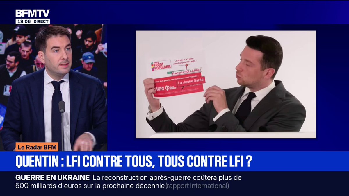 Jordan Bardella assure que le nom de la Jeune Garde apparaissait sur le site de campagne de François Hollande. C’est faux. En revanche, le PS a bien créé un site web affichant le soutien de l’organisation de Raphael Arnault.