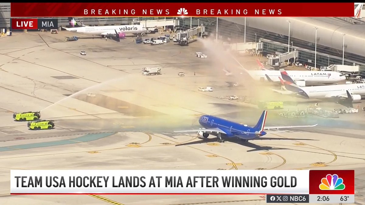 Miami-Dade Fire Rescue (#MDFR) was honored to welcome the United States Men's Olympic Hockey Team back home at Miami International Airport with a traditional water cannon salute, celebrating the team's historic gold medal victory at the Milano Cortina 2026 Winter Olympics. Courtesy: NBC 6 South Florida