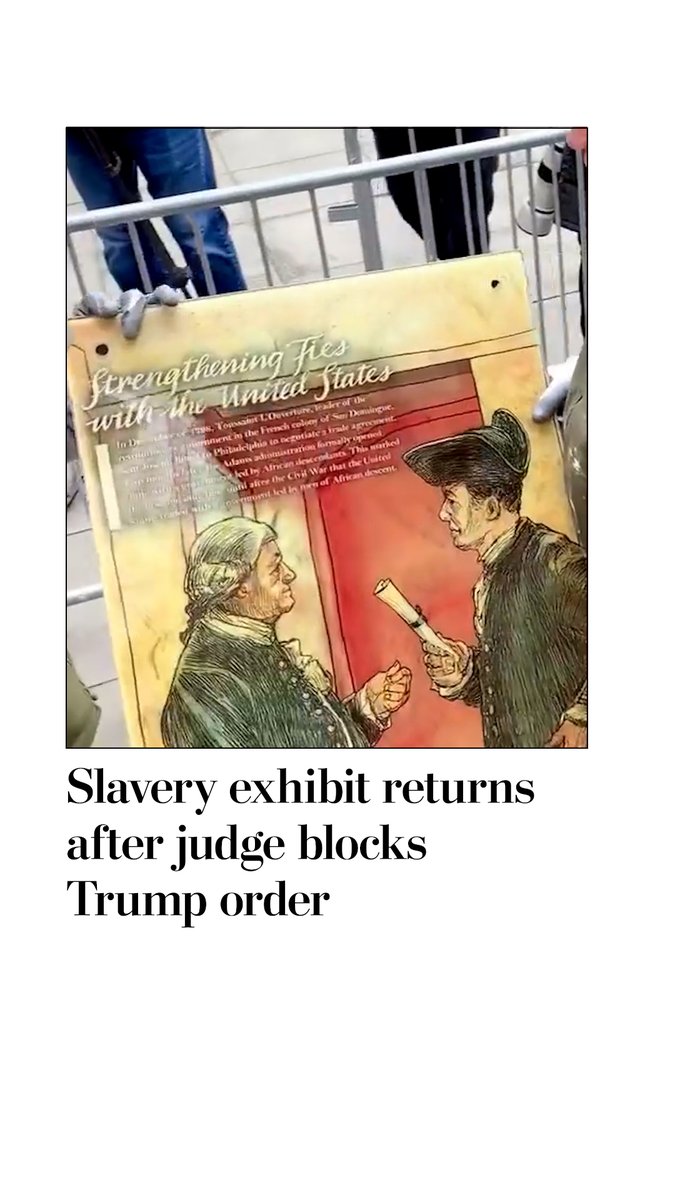 Workers restored a slavery exhibit at the President’s House Site in Philadelphia on Thursday. The National Park Service had removed the panels in January after an executive order from President Donald Trump. The exhibit includes video and other materials about the enslaved people who lived there, including Oney Judge, who escaped and built a life in New Hampshire. The removal followed Trump’s Executive Order 14253 — “Restoring Truth and Sanity to American History” — which calls for eliminating “divisive narratives” from national sites. The White House did not respond to a request for comment, but the National Park Service said it disagrees with the ruling and has appealed. Read more: